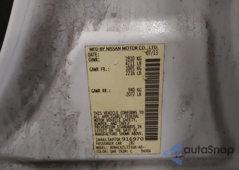 2013 Nissan Altima 2.5 Sl z USA, uszkodzony, nr VIN 1N4AL3AP7DC916970